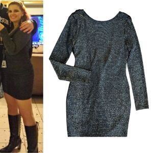 Favlux Black Sparkly Metallic Long Sleeve Draped Back Mini Dress Large